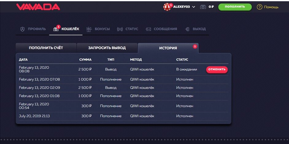 Выводы денег Vavada
