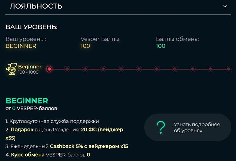 Лояльность казино Vesper