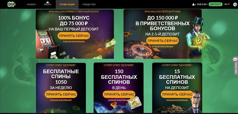 Бонусы казино Spin Million